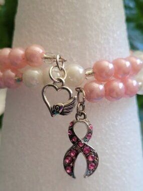 Pink Red White Silver Cancer Survivor Bracelets with Pink Charm